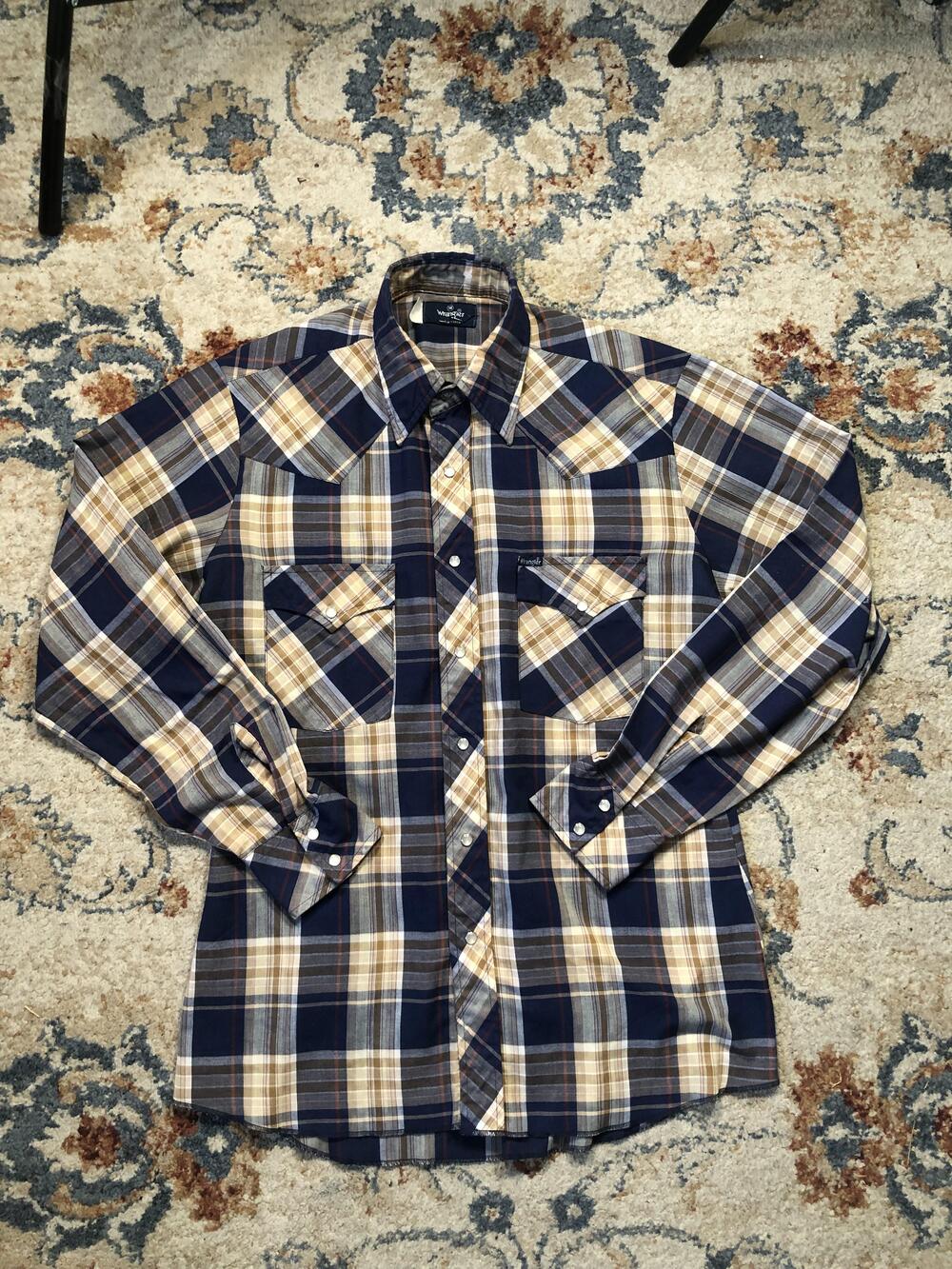 Vintage Wrangler Shirt Mens Medium Blue Tan Plaid Pearl Snap Western Rodeo 90s